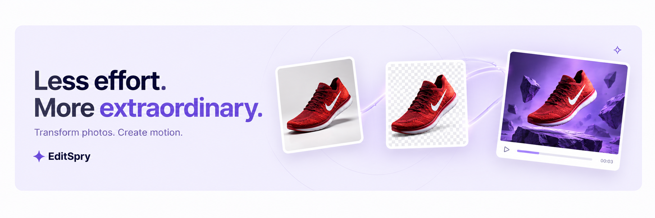 EditSpry visual concept: a product photo becomes a transparent cutout and a creative video scene